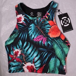 🅽🅴🆆 XO Active High-Neck racerback sports bra, bright tropical floral print, XS